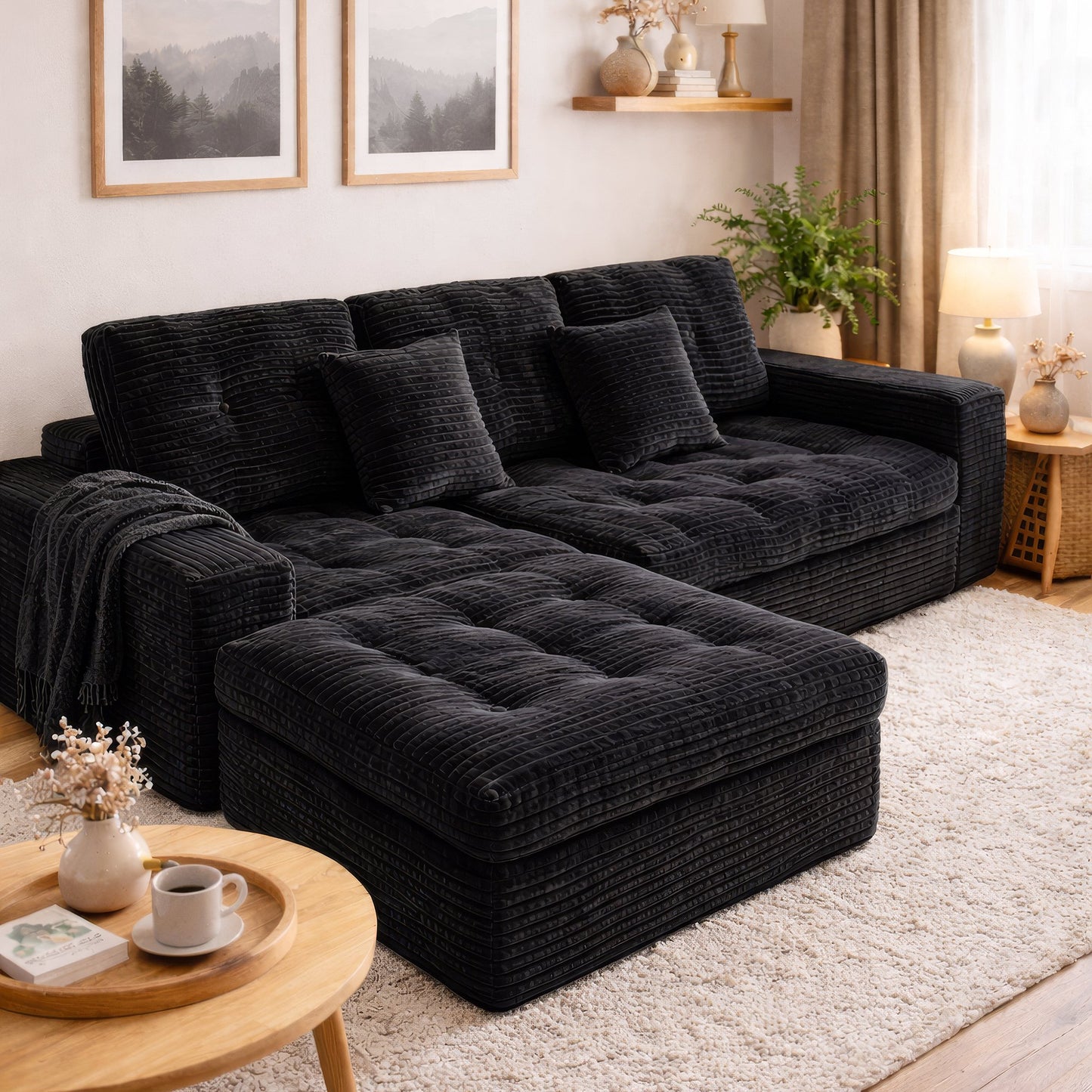 Muumblus 105" Oversized Modular Sectional Sofa with Movable Ottoman, L-Shaped Boneless Cloud Couch, Modern Sleeper Sofa for Living Room, White Corduroy