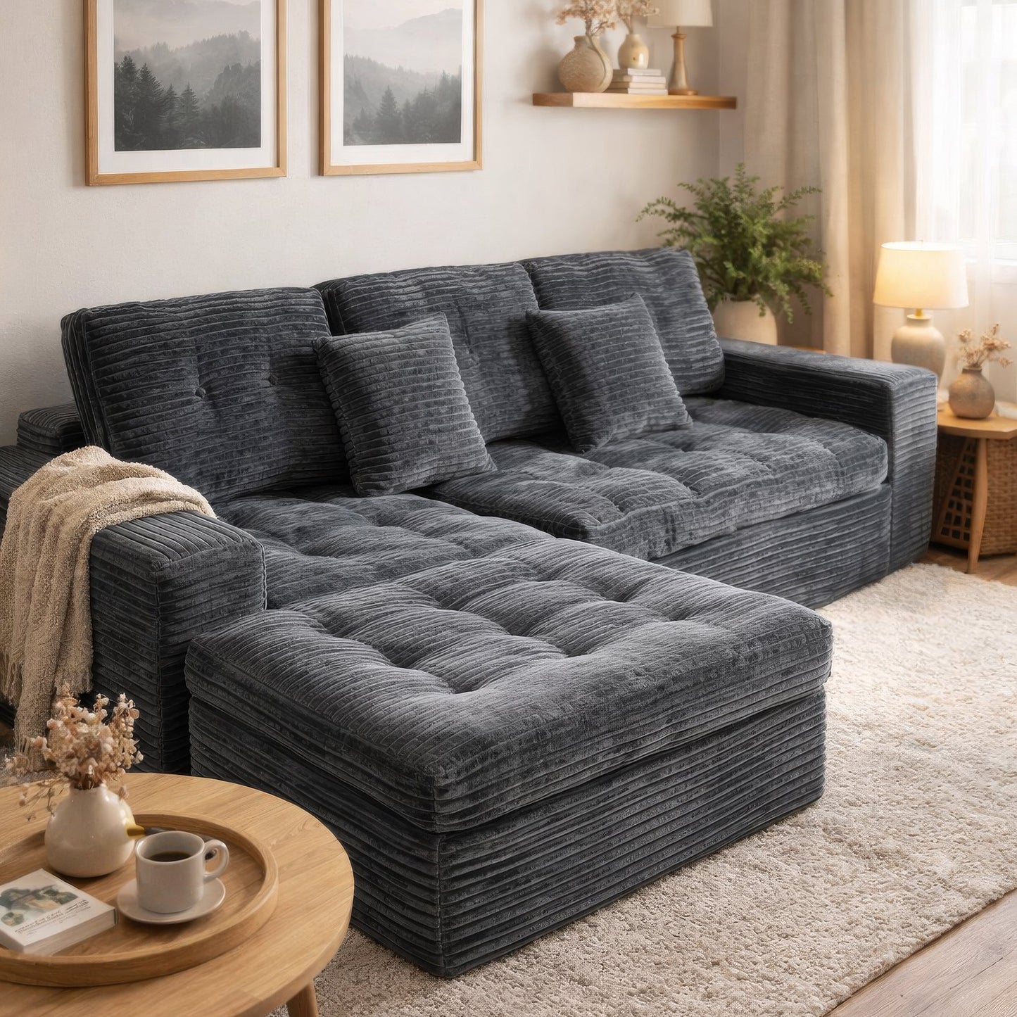 Muumblus 105" Oversized Modular Sectional Sofa with Movable Ottoman, L-Shaped Boneless Cloud Couch, Modern Sleeper Sofa for Living Room, White Corduroy
