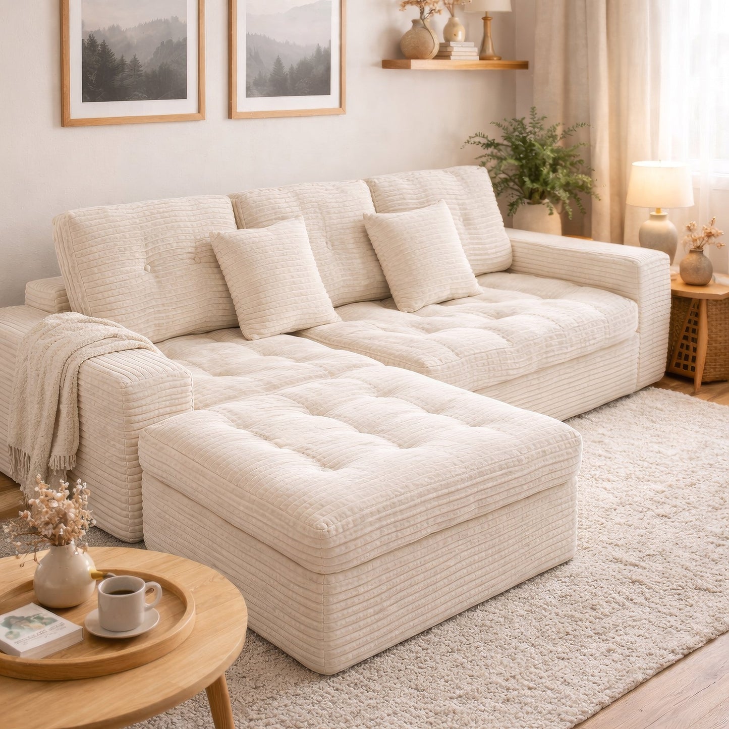 Muumblus 105" Oversized Modular Sectional Sofa with Movable Ottoman, L-Shaped Boneless Cloud Couch, Modern Sleeper Sofa for Living Room, White Corduroy