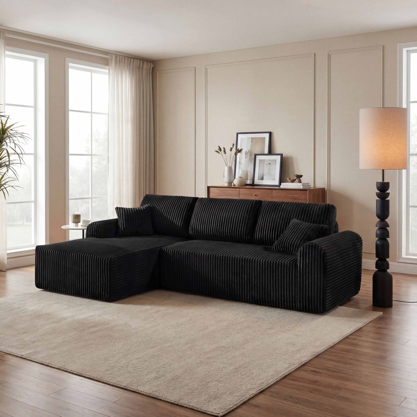 Muumblus 109" Oversized L-Shaped Modular Sectional Sofa with Movable Chaise, Boneless Corduroy Cloud Couch for Living Room, Black (Right Facing Chaise)