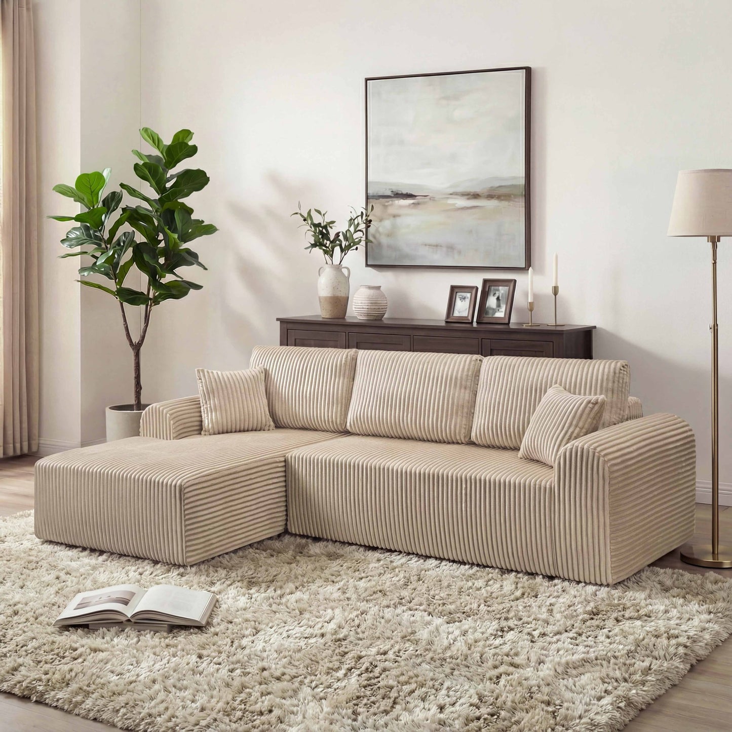 Muumblus 109" Oversized L-Shaped Modular Sectional Sofa with Movable Chaise, Boneless Corduroy Cloud Couch for Living Room, Black (Right Facing Chaise)