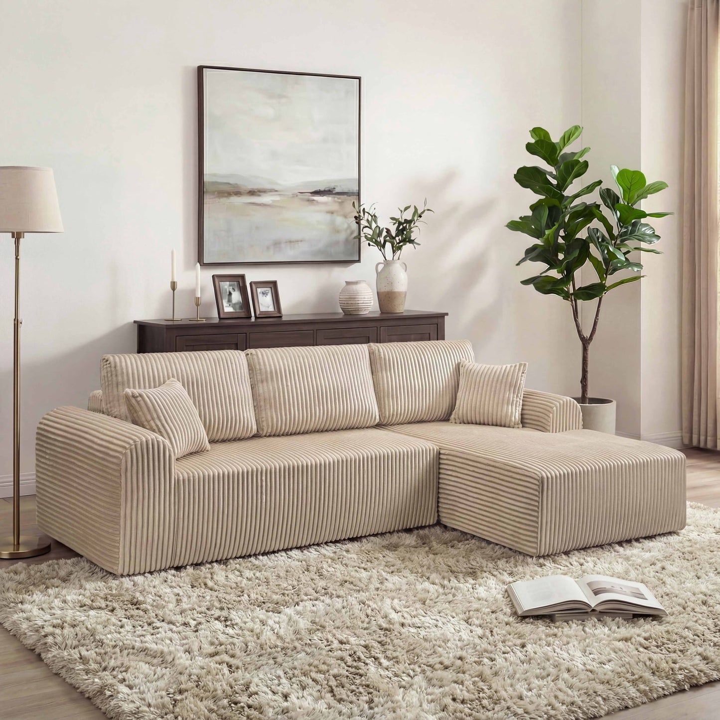 Muumblus 109" Oversized L-Shaped Modular Sectional Sofa with Movable Chaise, Boneless Corduroy Cloud Couch for Living Room, Black (Right Facing Chaise)
