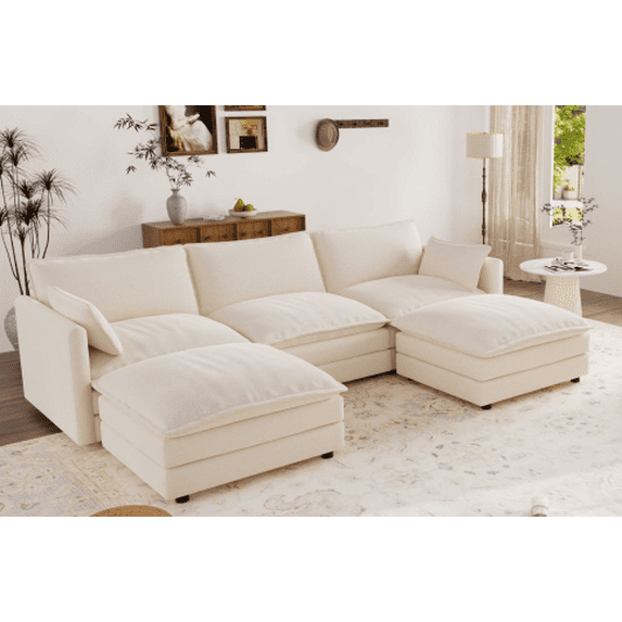 Muumblus 110" Oversized Modular Sectional Sofa with 2 Movable Ottoman, U Shaped Deep Seat Cloud Couch for Living Room, Beige Chenille