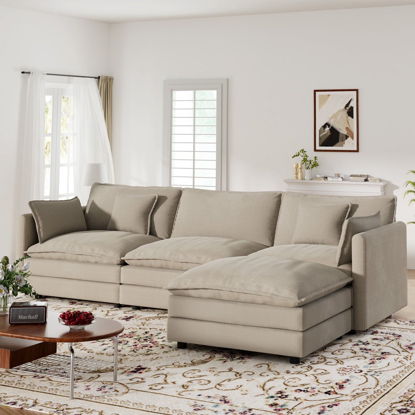 Muumblus 110" Oversized Modular Sectional Sofa with 2 Movable Ottoman, U Shaped Deep Seat Cloud Couch for Living Room, Beige Chenille