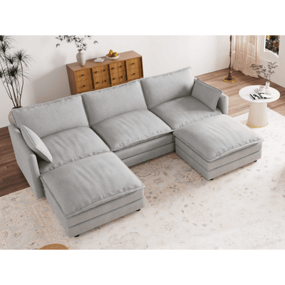 Muumblus 110" Oversized Modular Sectional Sofa with 2 Movable Ottoman, U Shaped Deep Seat Cloud Couch for Living Room, Beige Chenille