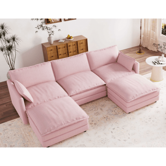Muumblus 110" Oversized Modular Sectional Sofa with 2 Movable Ottoman, U Shaped Deep Seat Cloud Couch for Living Room, Beige Chenille