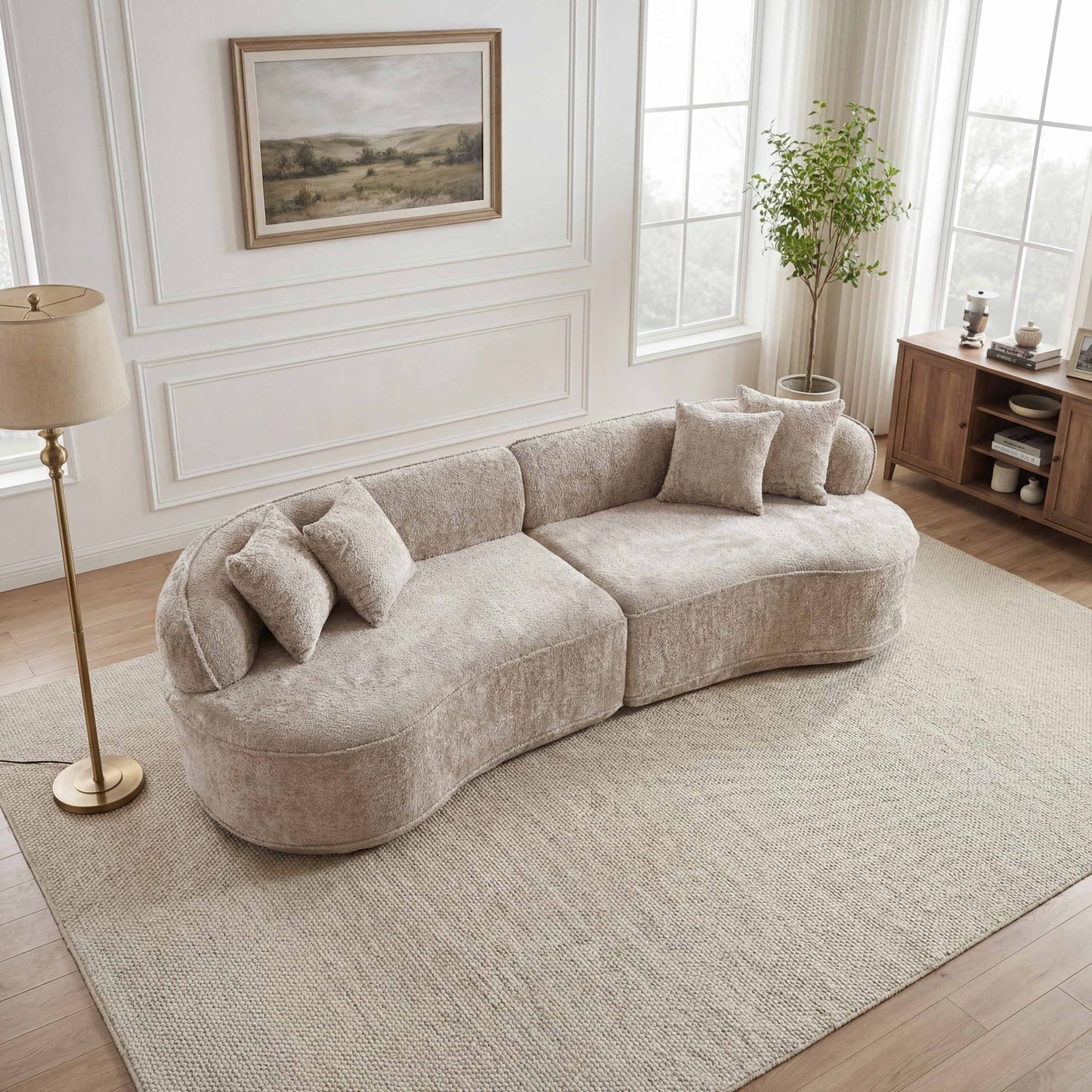 Muumblus 114" Oversized Curved Sofa, Modern Sectional Boneless Cloud Couch, No Assembly Required Floor Sofa for Living Room, Camel Boucle