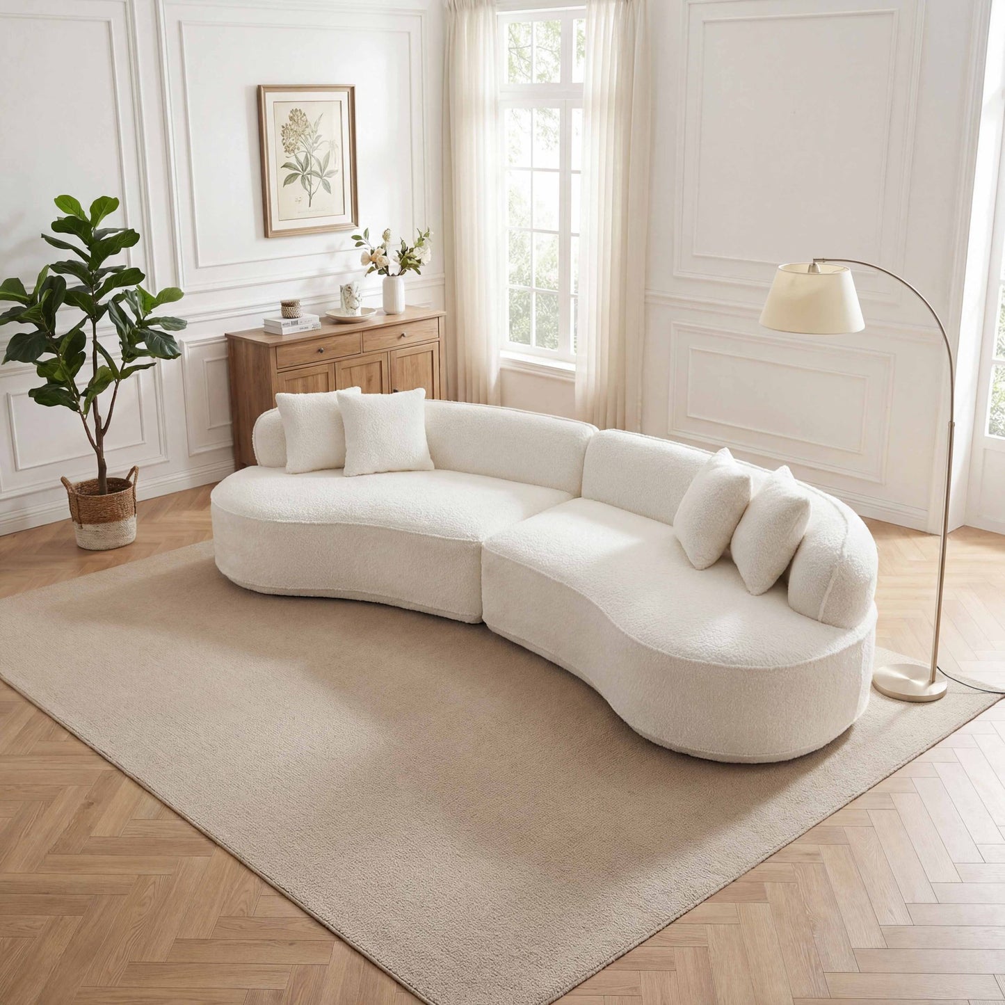 Muumblus 114" Oversized Curved Sofa, Modern Sectional Boneless Cloud Couch, No Assembly Required Floor Sofa for Living Room, Camel Boucle