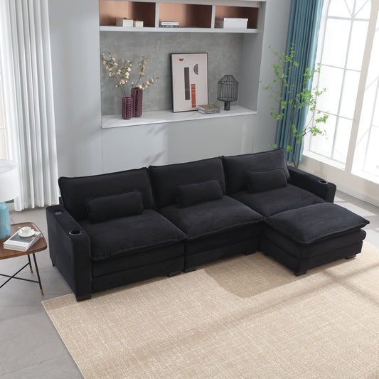 Muumblus 120" Sectional Modular Sofa with USB, Corduroy L-Shaped Couch with Reversible Ottoman, Black