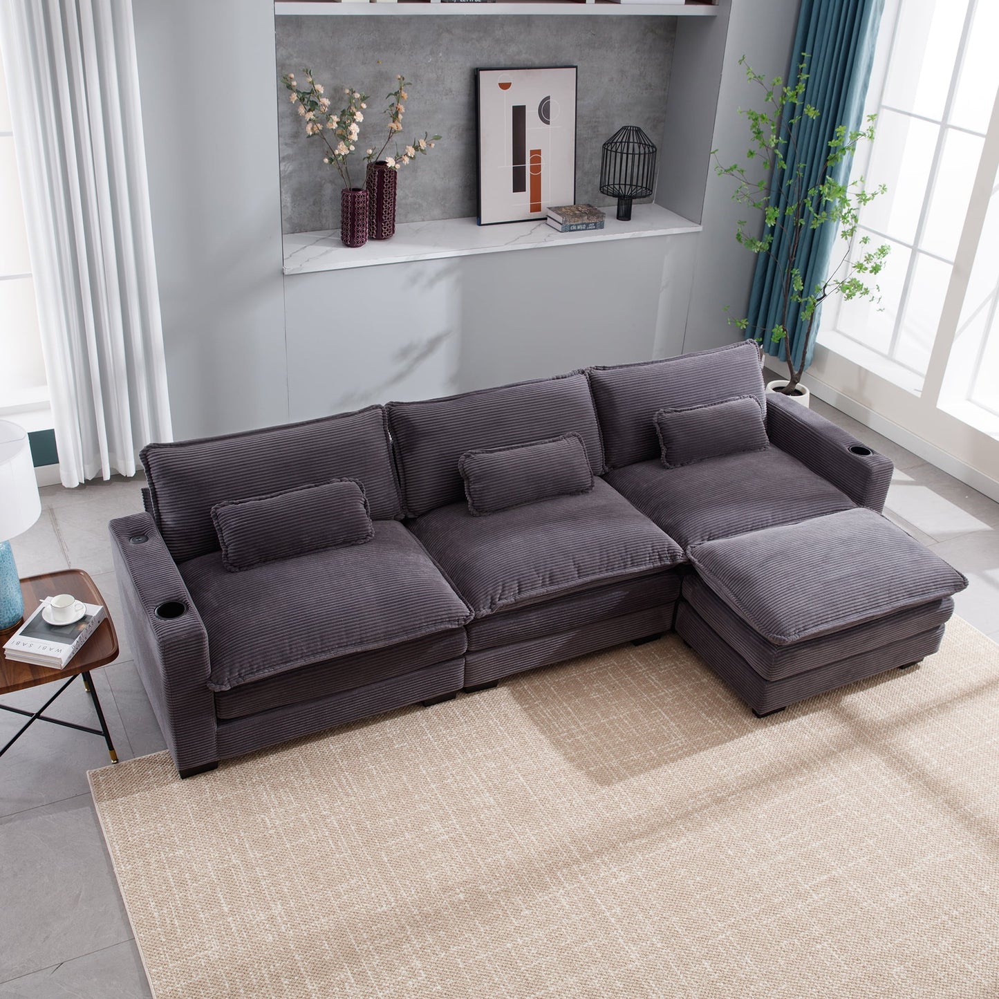 Muumblus 120" Sectional Modular Sofa with USB, Corduroy L-Shaped Couch with Reversible Ottoman, Black