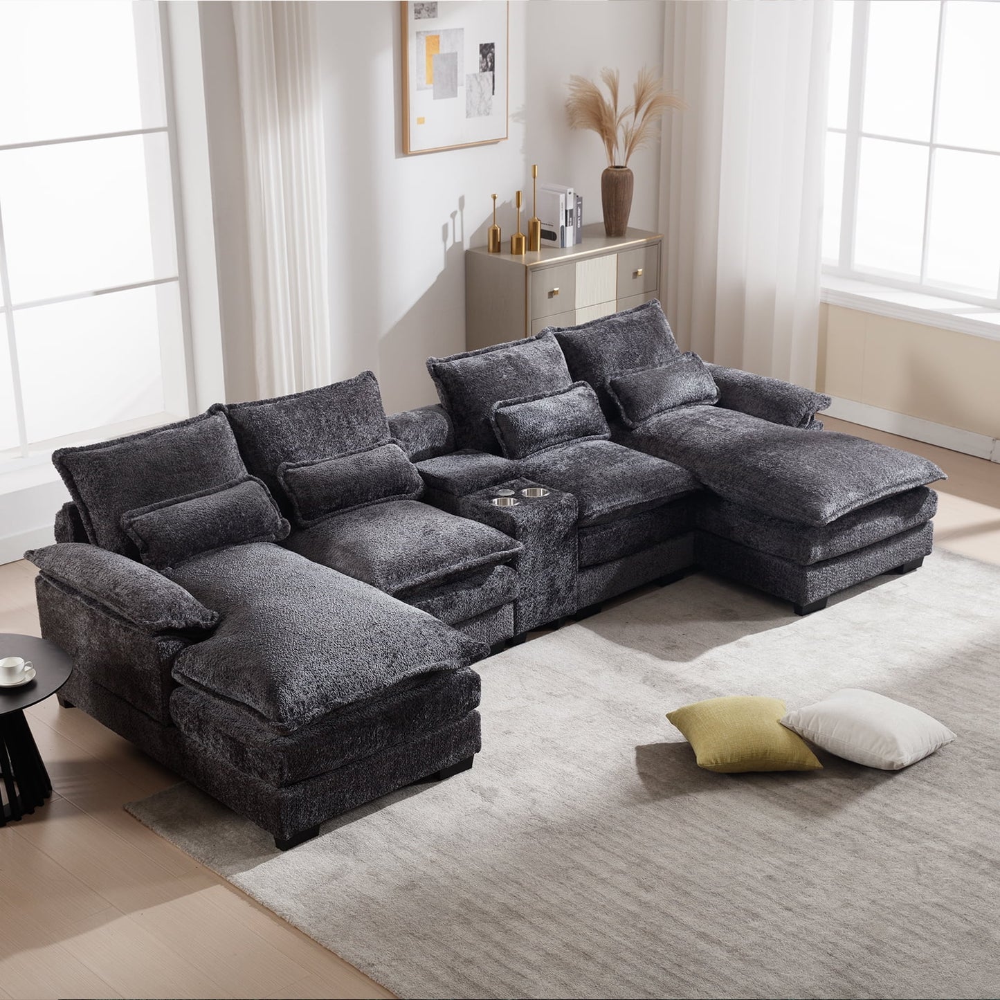 Muumblus 123" Sectional Modular Sofa with Storage Console, Oversized Chenille U-Shaped Couch, Gray