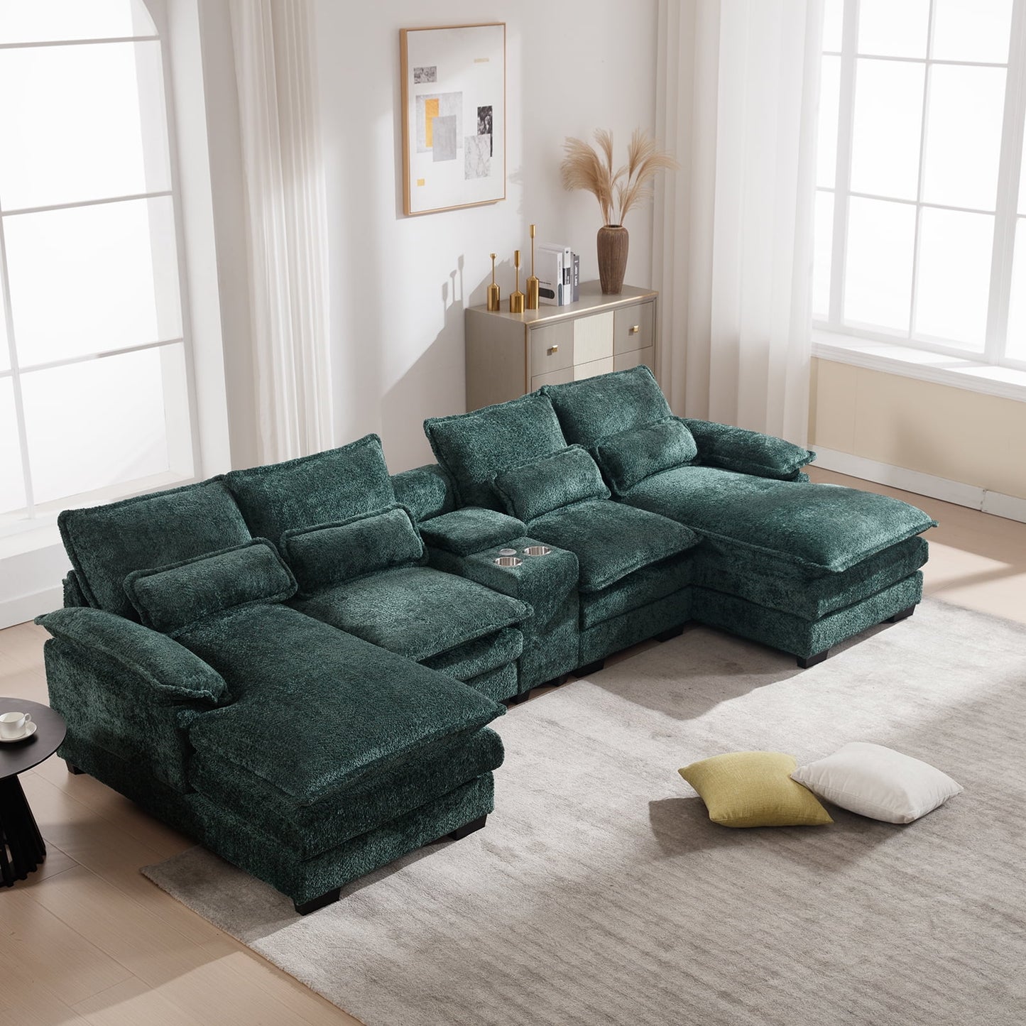 Muumblus 123" Sectional Modular Sofa with Storage Console, Oversized Chenille U-Shaped Couch, Gray