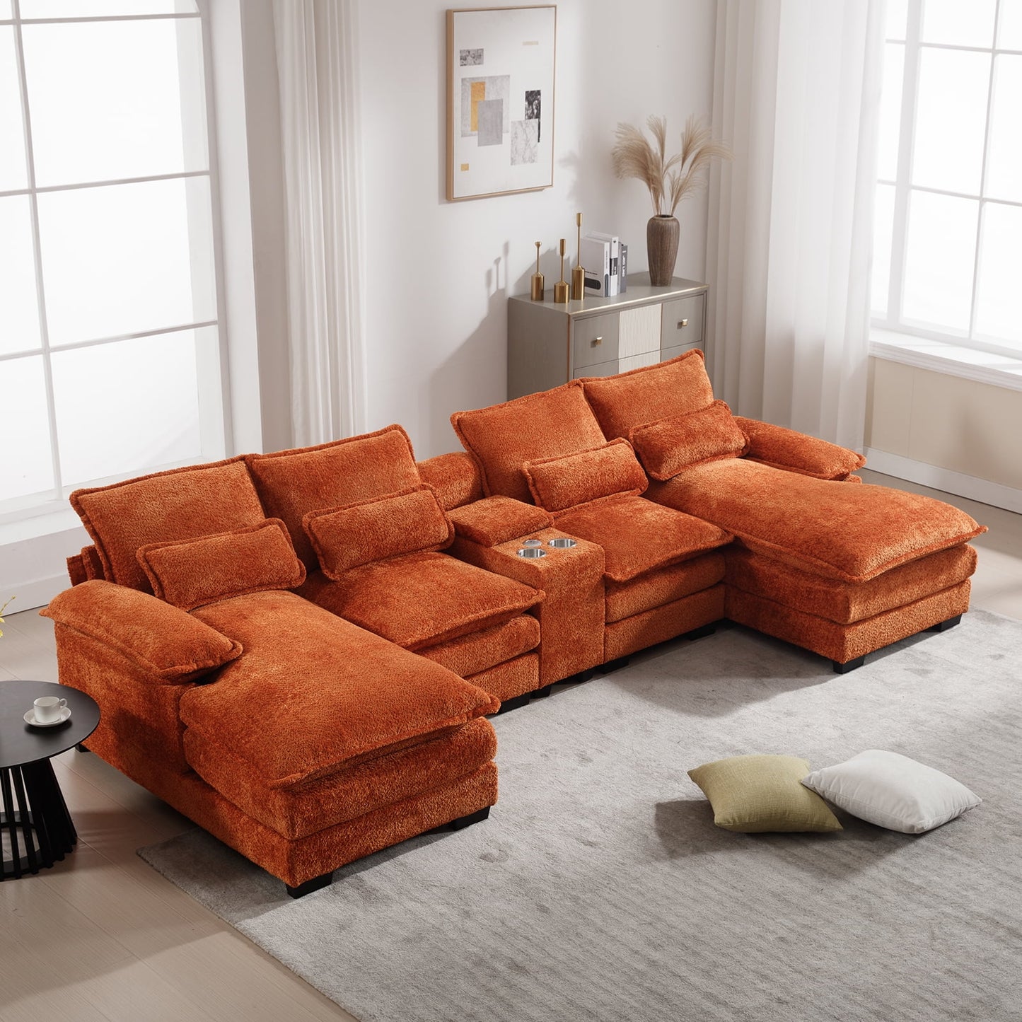 Muumblus 123" Sectional Modular Sofa with Storage Console, Oversized Chenille U-Shaped Couch, Gray