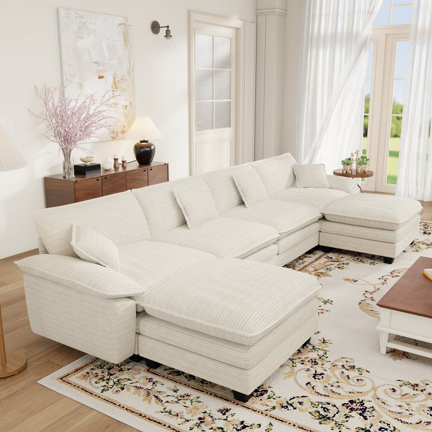 Muumblus Modular Sectional Cloud Couch with Ottoman, Oversized U-Shaped Corduroy Sofa for Living Room