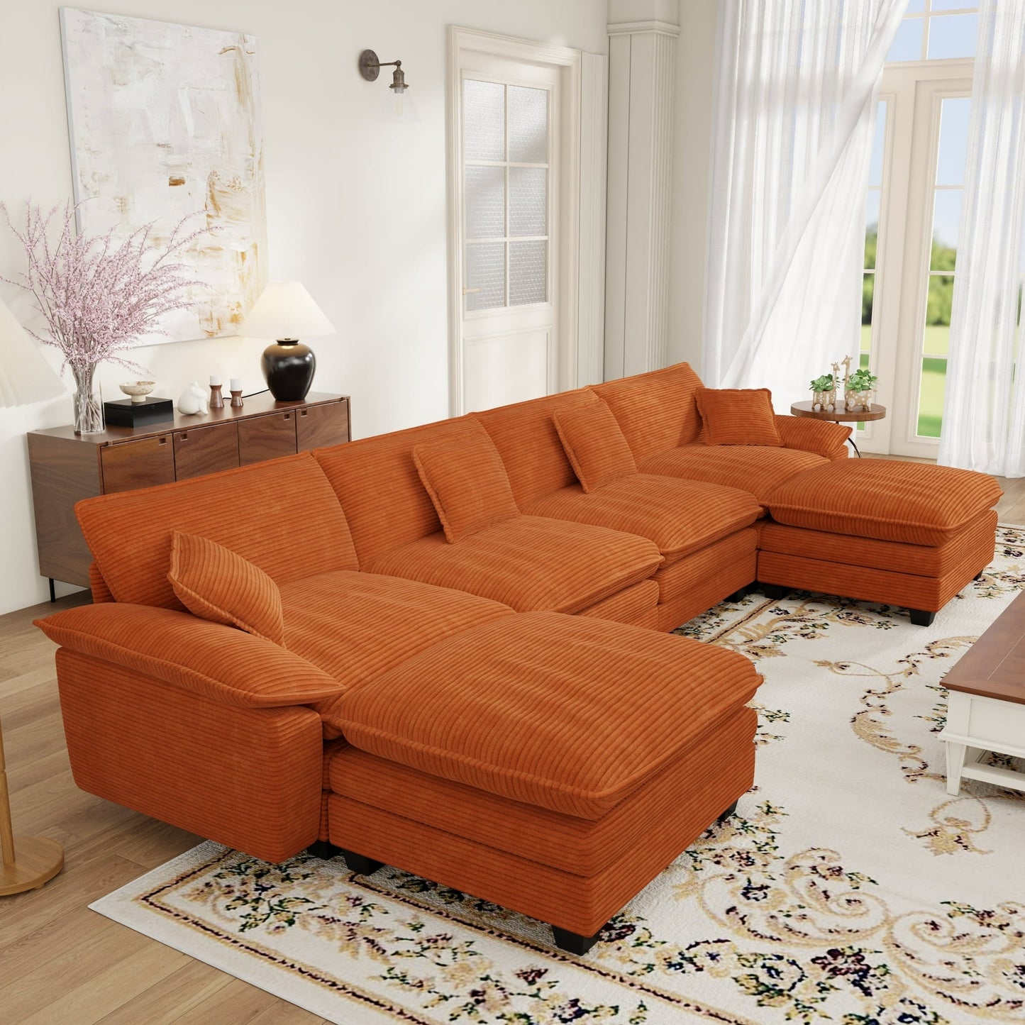 Muumblus Modular Sectional Cloud Couch with Ottoman, Oversized U-Shaped Corduroy Sofa for Living Room
