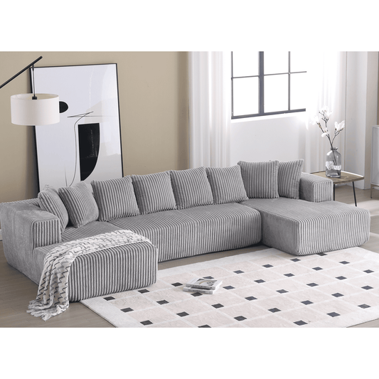 Muumblus 130.3" Oversized Modular Sectional Sofa, Corduroy U-Shaped Coch, Living Room Furniture Set, No Assembly Required, Gray