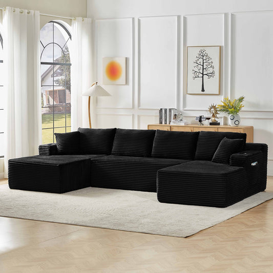 Muumblus 133" Modular Sectional Sofa with 2 Chaise Lounge, U-Shaped Oversized Boneless Cloud Couch, Black Corduroy Sleeper Sofa for Living Room