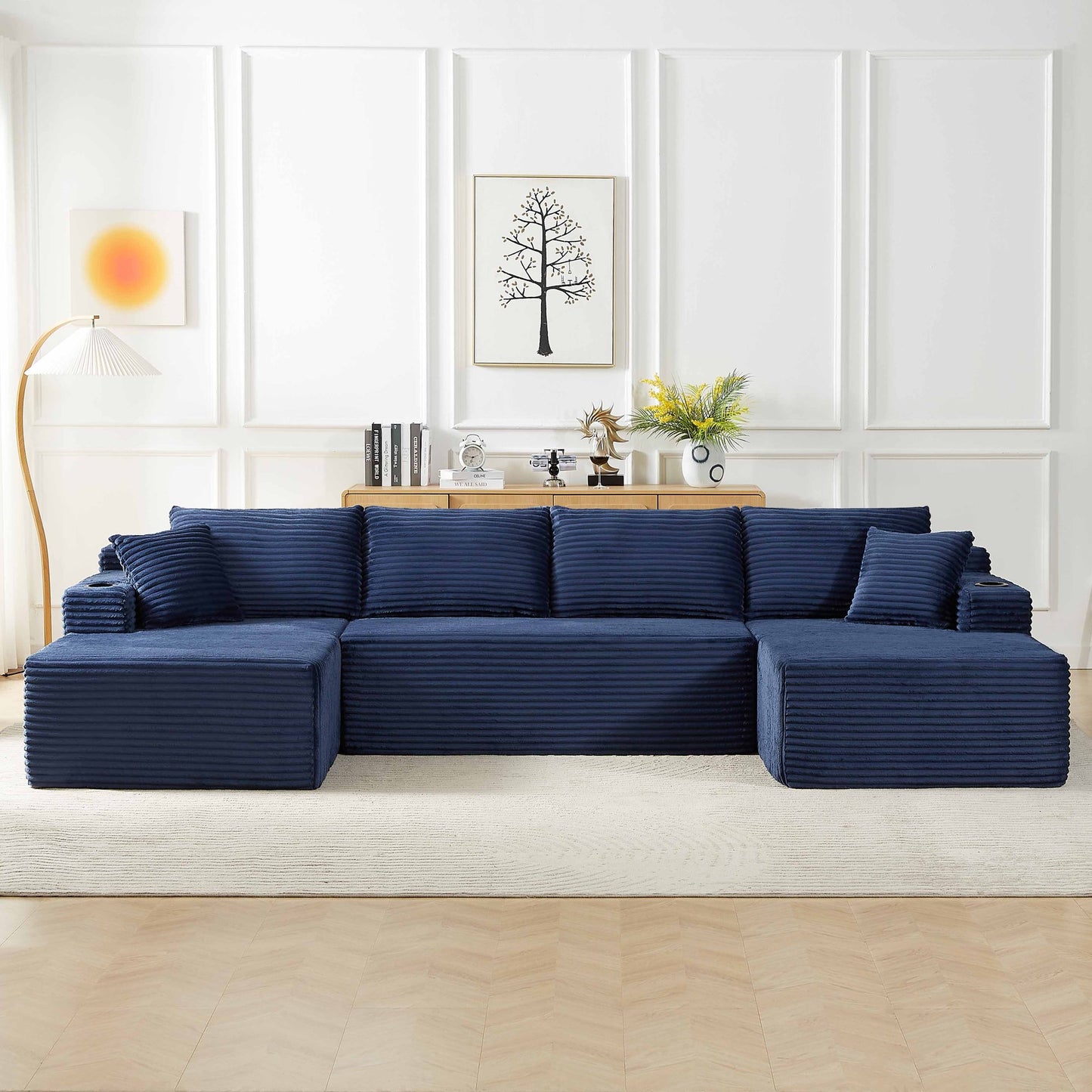 Muumblus 133" Modular Sectional Sofa with 2 Chaise Lounge, U-Shaped Oversized Boneless Cloud Couch, Black Corduroy Sleeper Sofa for Living Room