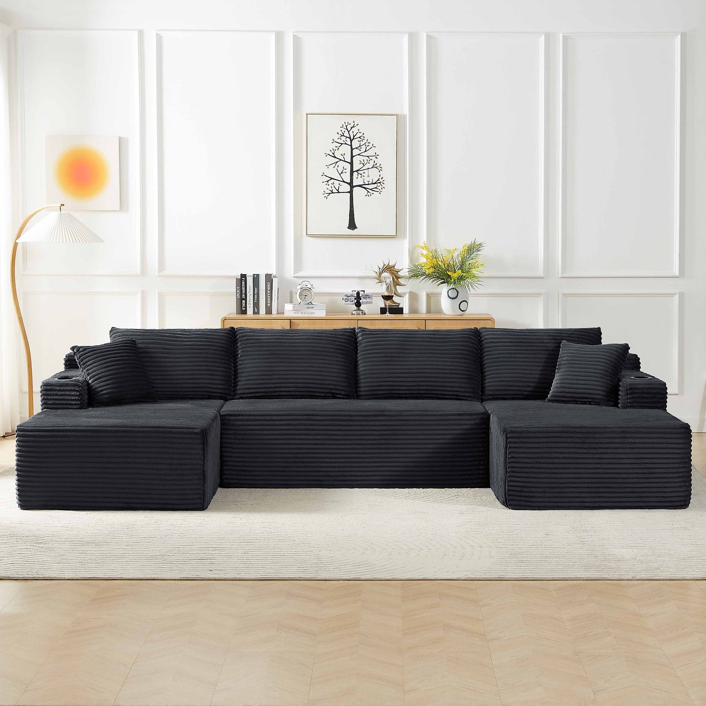 Muumblus 133" Modular Sectional Sofa with 2 Chaise Lounge, U-Shaped Oversized Boneless Cloud Couch, Black Corduroy Sleeper Sofa for Living Room