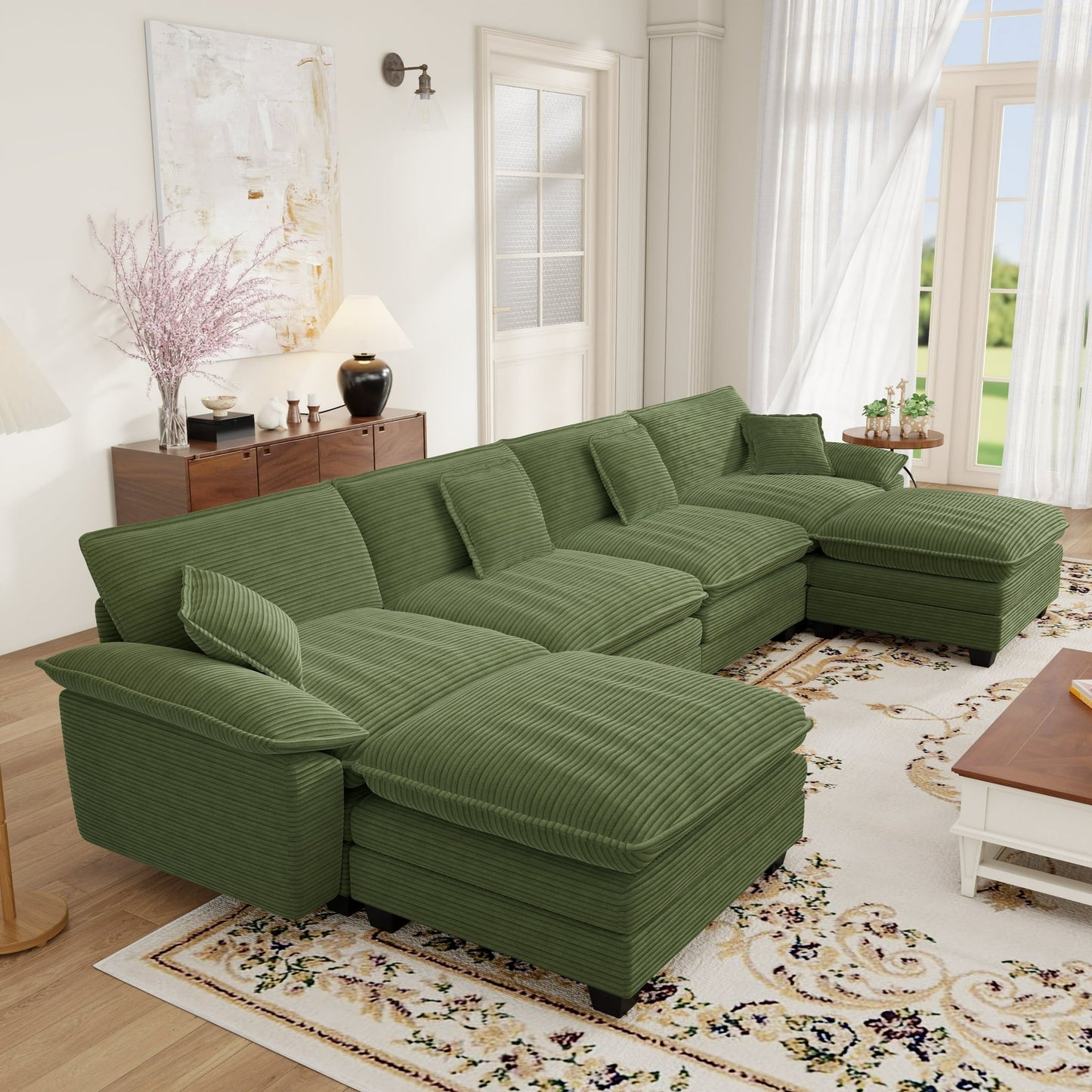 Muumblus Modular Sectional Cloud Couch with Ottoman, Oversized U-Shaped Corduroy Sofa for Living Room