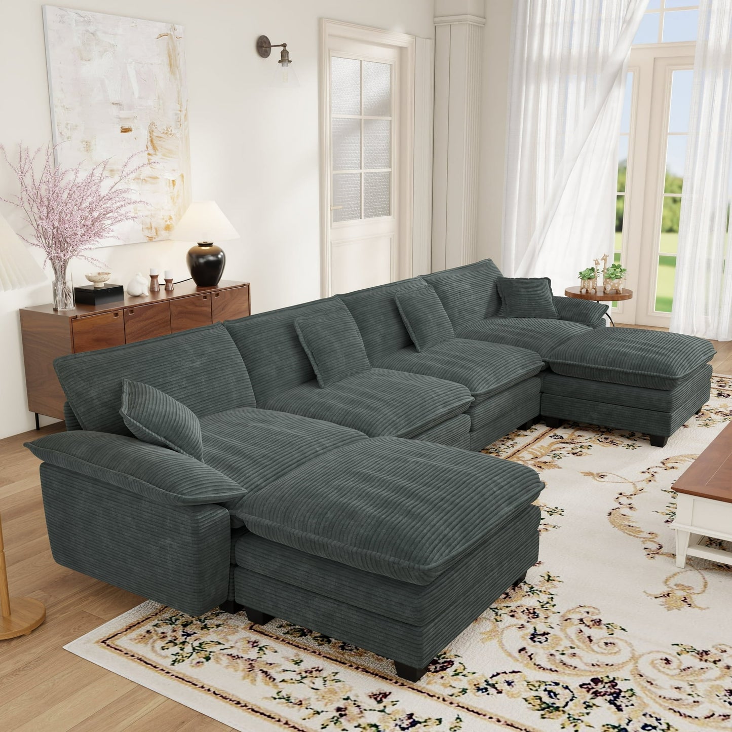 Muumblus Modular Sectional Cloud Couch with Ottoman, Oversized U-Shaped Corduroy Sofa for Living Room