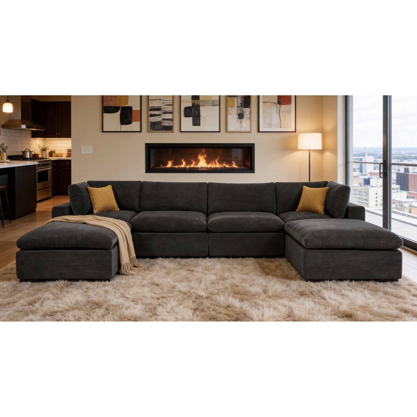 Muumblus 160" Oversized Modular Sectional Sofa with 2 Movable Chaise Ottomans, U-Shaped Boneless Cloud Couch for Living Room, Light Gray
