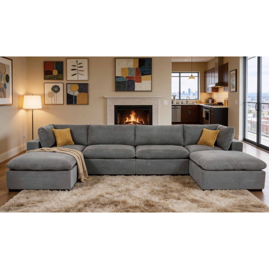 Muumblus 160" Oversized Modular Sectional Sofa with 2 Movable Chaise Ottomans, U-Shaped Boneless Cloud Couch for Living Room, Light Gray