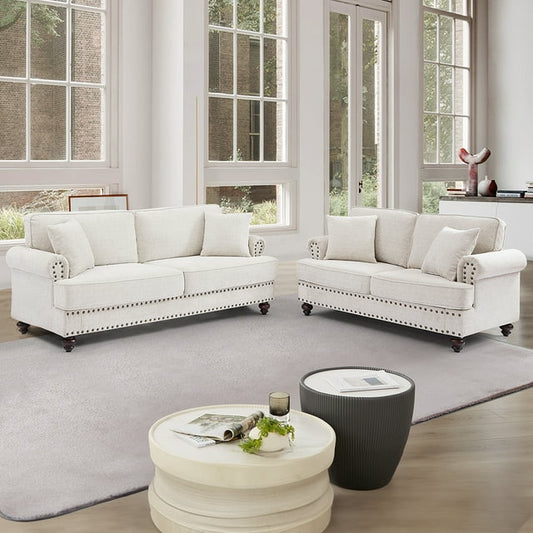 Muumblus 2 Pieces Chenille Living Room Sets, 2 Seater Loveseat Sofa and 3 Seater Sofa Couch, Mid-Century Sofa Sets with Nailhead, White