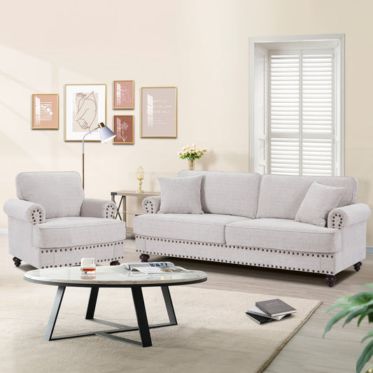Muumblus 2 Pieces Chenille Living Room Furniture Sets , Single Sofa Chair and Sofa Set, White