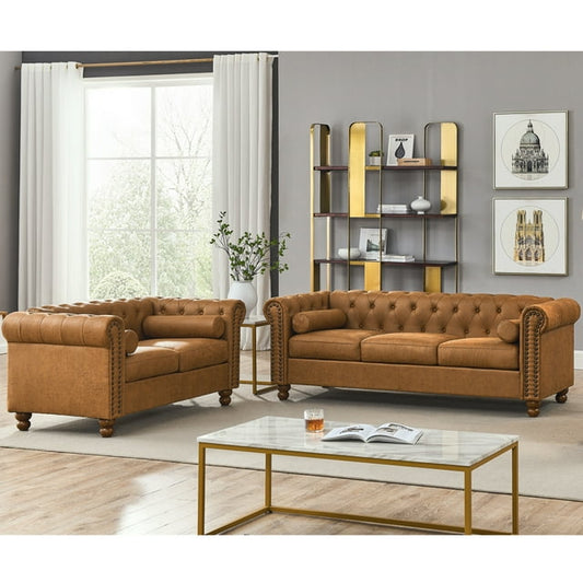 Muumblus 2 Pieces Living Room Furniture Sofa Set, Sofa and Loveseat Set, Brown Faux Leather