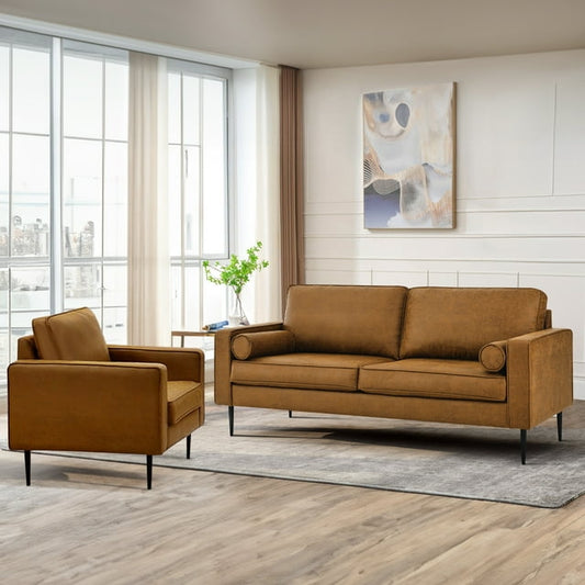 Muumblus 2 Pieces Living Room Sofa Set, Accent Chair and 3-Seater Sofa, Brown Faux Leather
