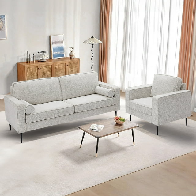 Muumblus 2 Pieces Living Room Sofa Set, Accent Chair and 3-Seater Sofa, Brown Faux Leather