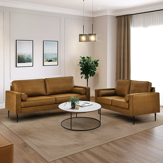 Muumblus 2 Pieces Living Room Sofa Set, Sofa and Loveseat Set, Brown Faux Leather