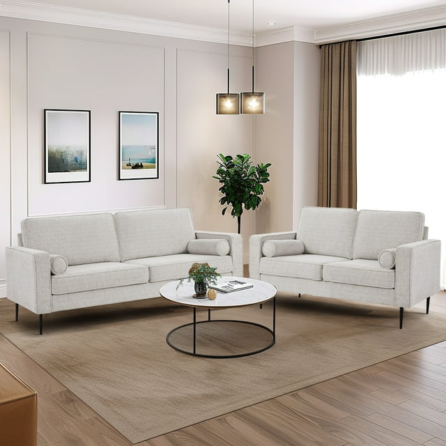 Muumblus 2 Pieces Living Room Sofa Set, Sofa and Loveseat Set, Brown Faux Leather