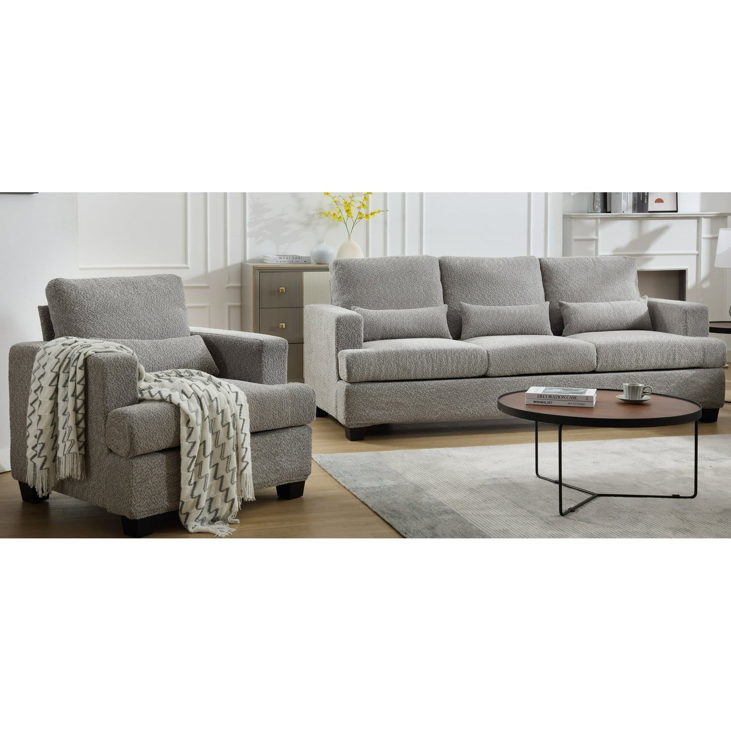 Muumblus Modern Single Sofa Chair, 37" Small Couch with 1 Waist Pillow, Removable Back Cushion, Living Room Set, White Fabric