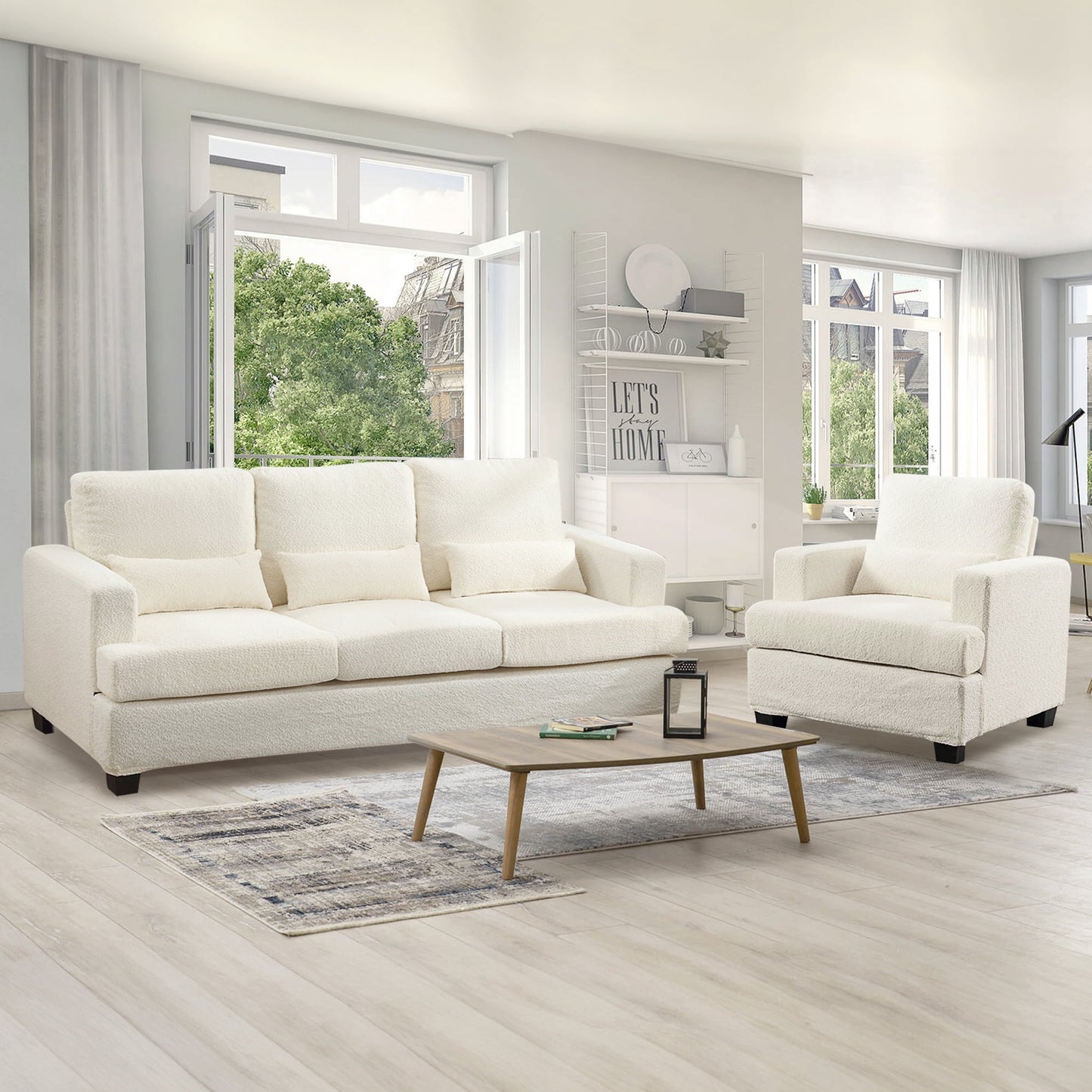 Muumblus Modern Single Sofa Chair, 37" Small Couch with 1 Waist Pillow, Removable Back Cushion, Living Room Set, White Fabric