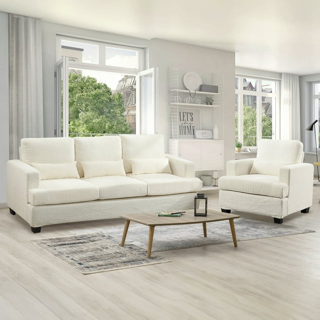Muumblus Modern Single Sofa Chair, 37" Small Couch with 1 Waist Pillow, Removable Back Cushion, Living Room Set, White Fabric