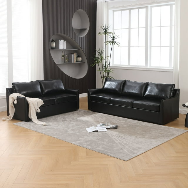 Muumblus 2 Pieces Modern Mid-Century Living Room Sofa Sets, Loveseat Sofa and 3 Seater Sofa Couch, Brown Faux Leather