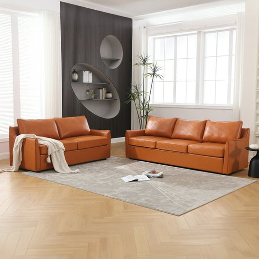 Muumblus 2 Pieces Modern Mid-Century Living Room Sofa Sets, Loveseat Sofa and 3 Seater Sofa Couch, Brown Faux Leather