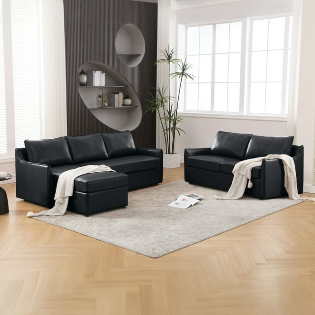 Muumblus 2 Pieces Modern Mid-Century Living Room Sofa Sets, Loveseat Sofa and 3 Seater Sofa Couch, Brown Faux Leather
