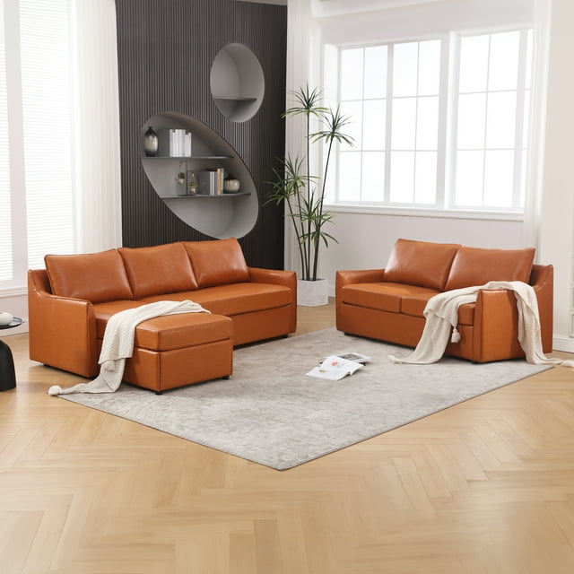 Muumblus 2 Pieces Modern Mid-Century Living Room Sofa Sets, Loveseat Sofa and 3 Seater Sofa Couch, Brown Faux Leather