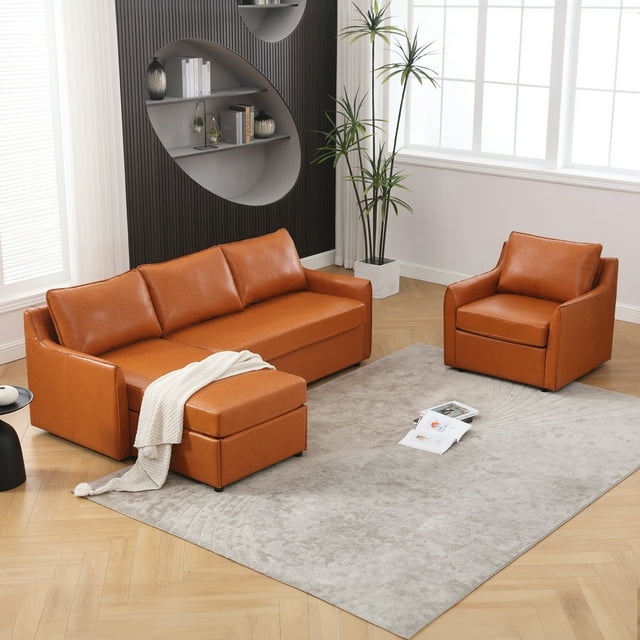 Muumblus 2 Pieces Modern Mid-Century Living Room Sofa Sets, Loveseat Sofa and 3 Seater Sofa Couch, Brown Faux Leather