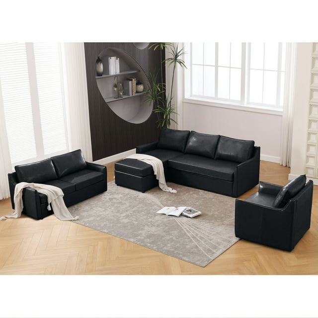 Muumblus 2 Pieces Modern Mid-Century Living Room Sofa Sets, Loveseat Sofa and 3 Seater Sofa Couch, Brown Faux Leather