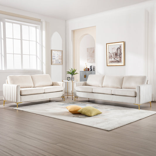Muumblus 2 Pieces Velvet Living Room Sets, Modern 2 Seater Loveseat Sofa and 3 Seater Sofa Couch, Beige