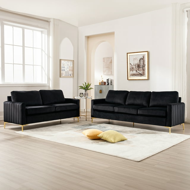 Muumblus 2 Pieces Velvet Living Room Sets, Modern 2 Seater Loveseat Sofa and 3 Seater Sofa Couch, Beige