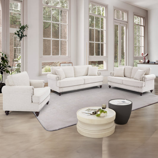 Muumblus 3 Pieces Chenille Living Room Sets, 1 Seater Sofa Chair and 2 Seater Loveseat Sofa and 3 Seater Sofa Couch with Nailhead, White