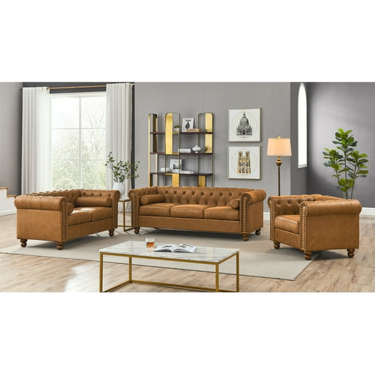 Muumblus 3 Pieces Living Room Furniture Sofa Set, Accent Chair and Loveseat and 3-Seater Sofa, Brown Faux Leather