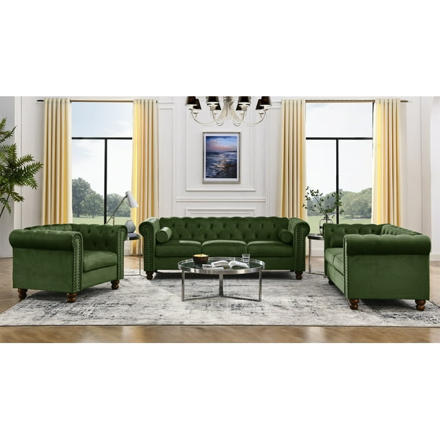 Muumblus 3 Pieces Living Room Furniture Sofa Set, Accent Chair and Loveseat and 3-Seater Sofa, Brown Faux Leather