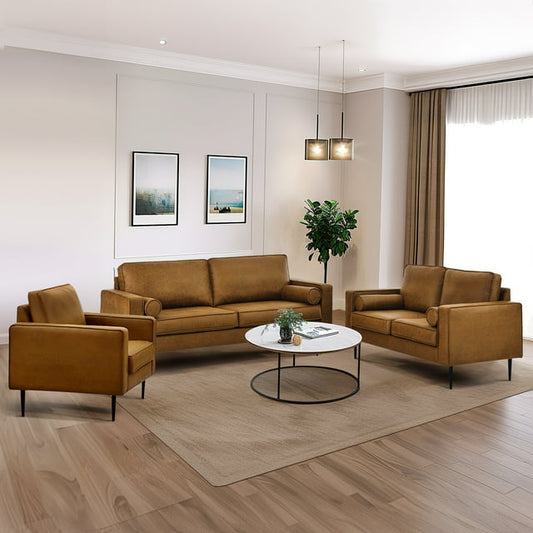 Muumblus 3 Pieces Living Room Sofa Set, Accent Chair and Loveseat Sofa and 3-Seater Sofa, Brown Faux Leather
