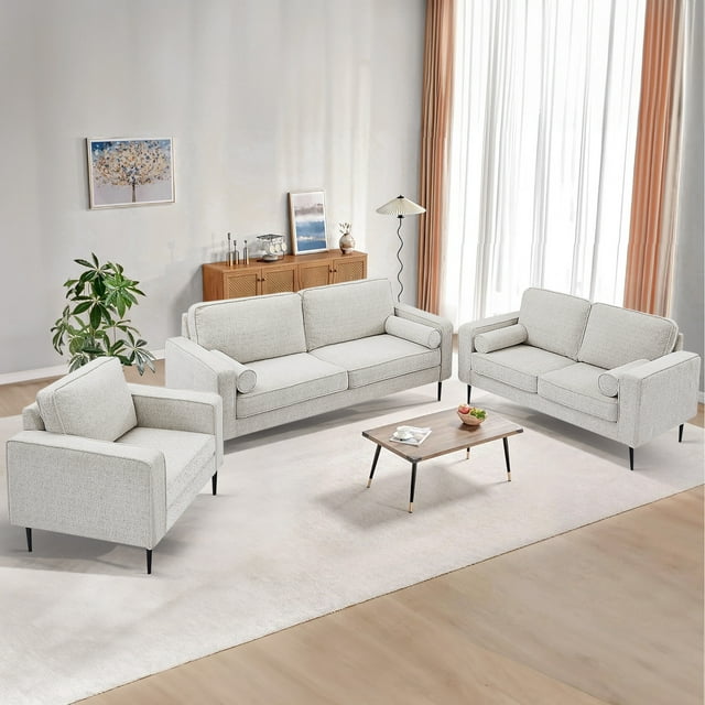 Muumblus 3 Pieces Living Room Sofa Set, Accent Chair and Loveseat Sofa and 3-Seater Sofa, Brown Faux Leather